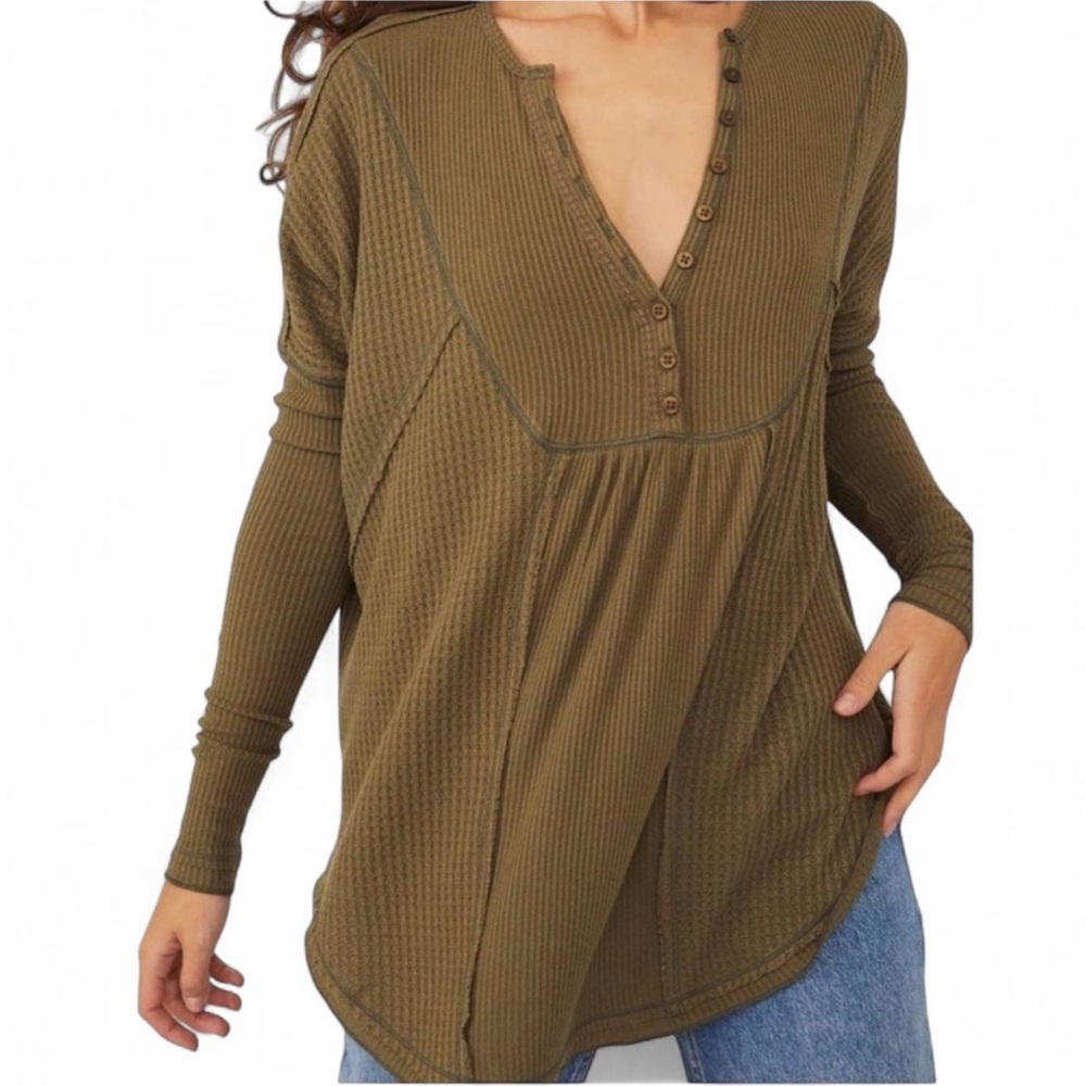 Free People Leo Henley Thermal Slouchy Top Army XS